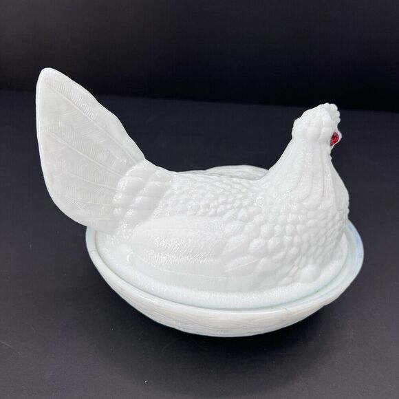 Antique Milk Glass Large Nesting Chicken Hen on Basket Covered Dish - Picture 5 of 13